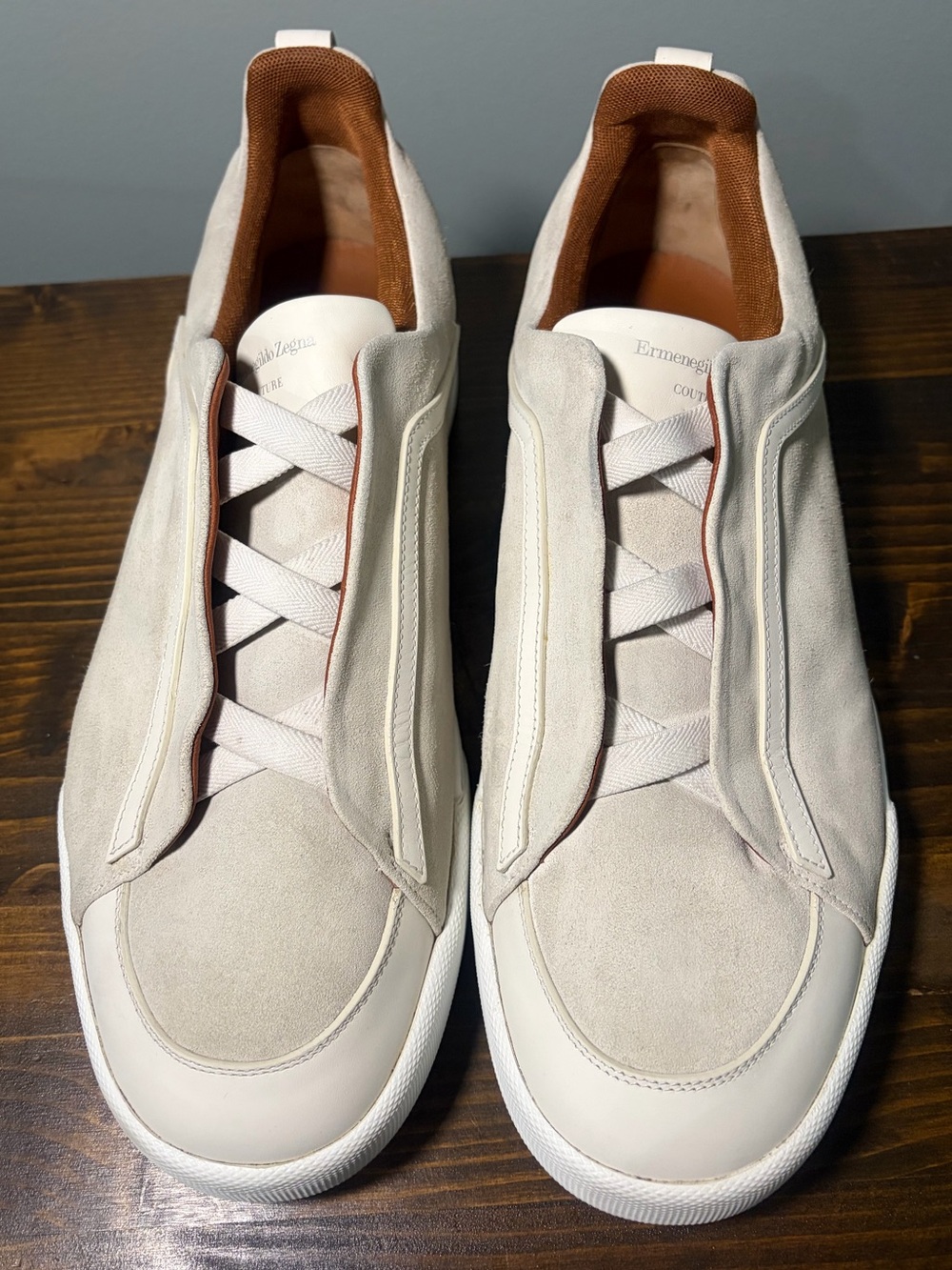Ermenegildo Zegna Couture Light Cream Suede Low-Top Sneakers Men’s Size 13